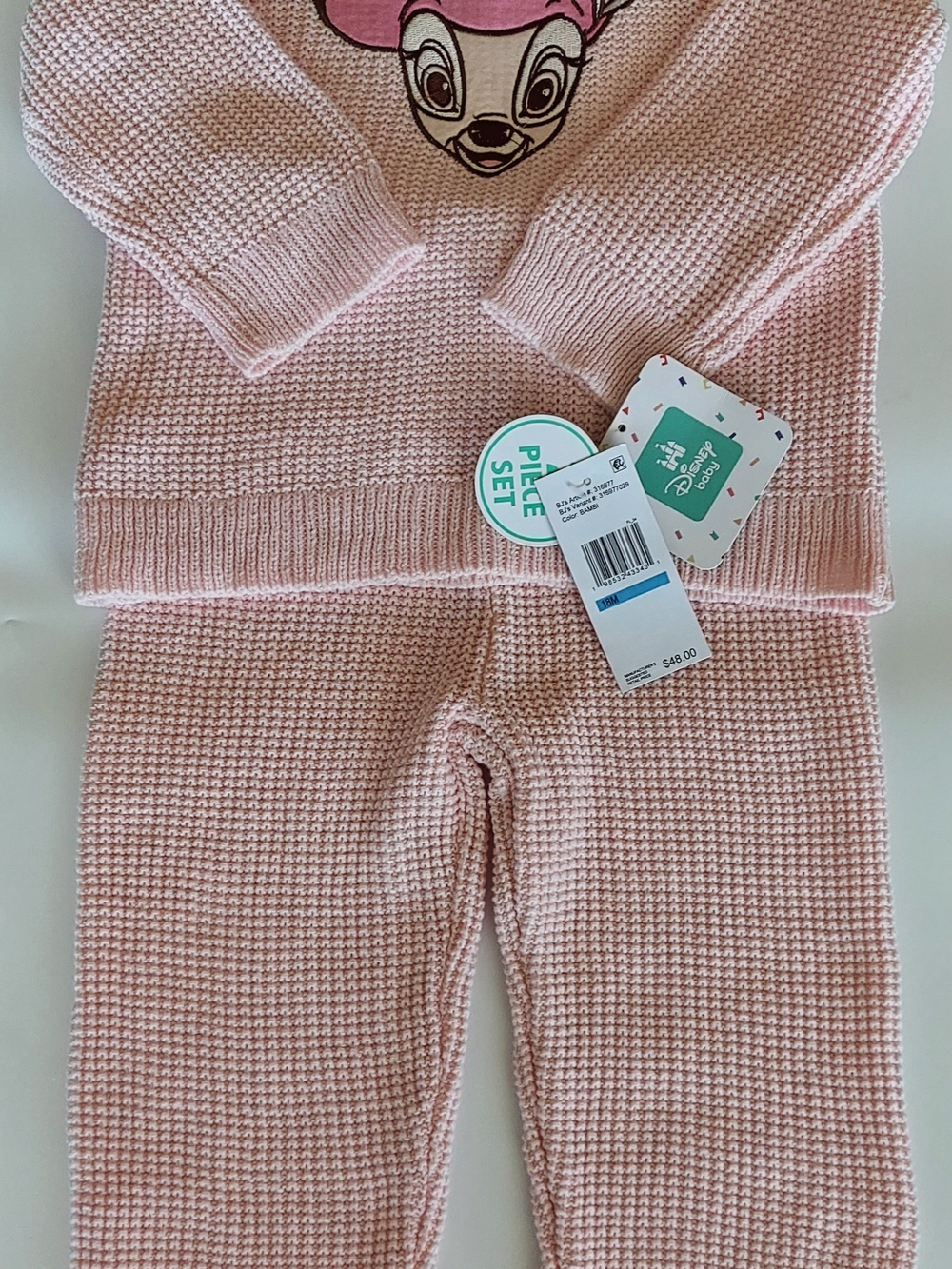 Disney Baby Bambi Pink Knit Sweater & Pants 2pc Set Cotton/Acrylic 18 Mos.